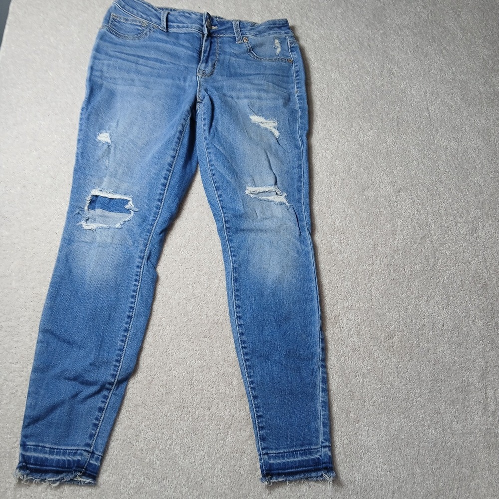 Maurices Women's Adult Small Regular Ankle Distressed Holes Stretch Blue Jeans
